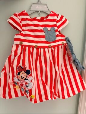 Disney Red & White Striped Minnie Mouse Dress with Denim Pocket and headband